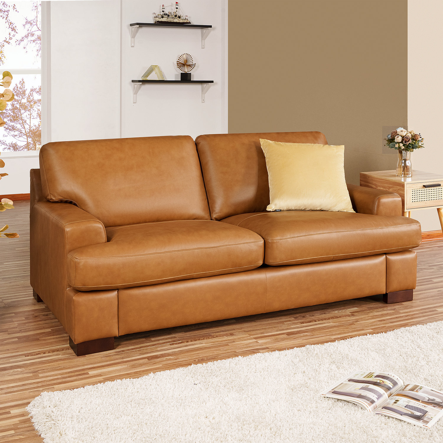 Daryon Leather Club Accent Chair - Luxurious Comfort, Goose Feather Cushion Filling, Square Arm Design Latitude Run