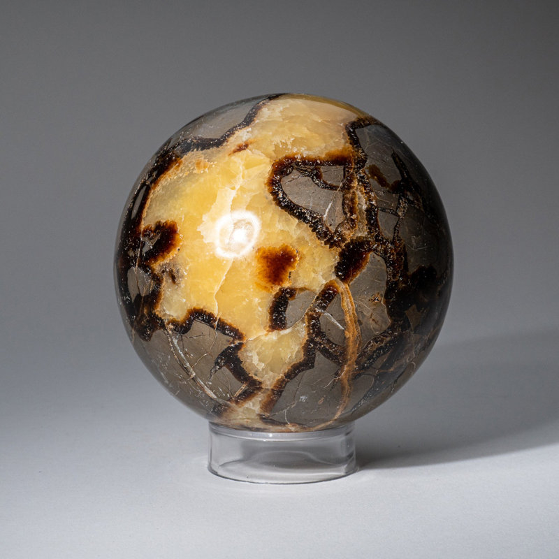 Genuine Polished Septarian (2") Sphere from Madagascar, 3.75" H x 3.75" W x 3.75" D, Yellow Calcite/Brown Aragonite/Gray