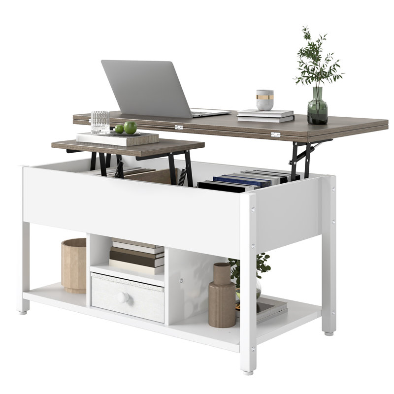 Afeez Lift Top Coffee Table with Storage，Extendable Coffee Table Centre Table for Living Room, White, Grey Wood