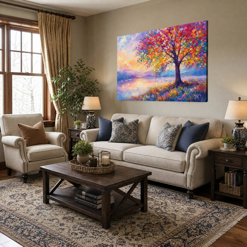 Reproduction d'art mural sur toile, feuille colorée, lac, coucher de soleil, empâtement, paysage, salon, décoration murale