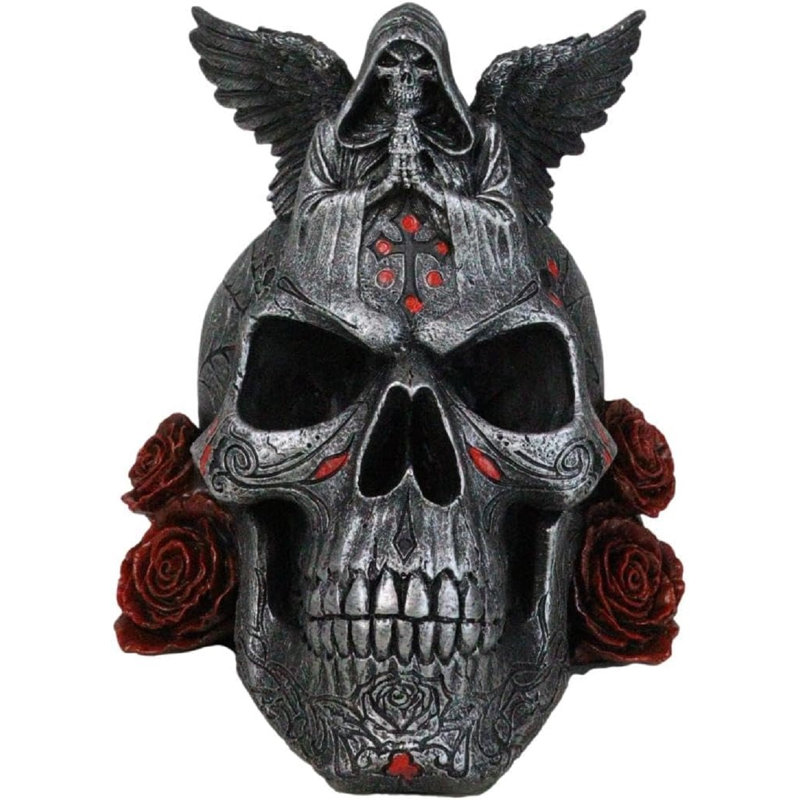 Figurine Grim Reaper squelette ange de la mort priant sur une tête de mort