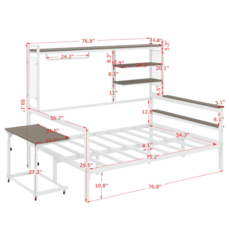 Lit de jour polyvalent en métal avec bureau réglable, grille robuste, tablettes utiles et support pratique, Lit double, Blanc