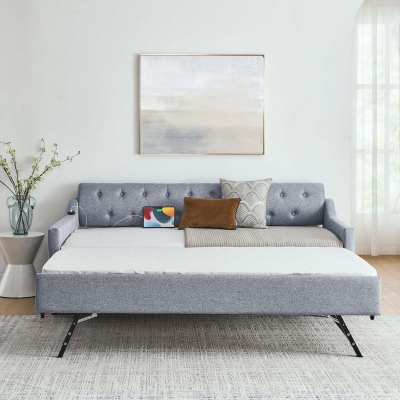 Lit de jour simple rembourré avec lit gigogne simple et charge USB, lin, Gris