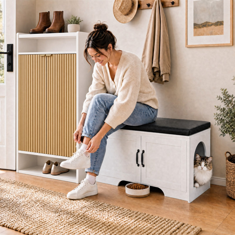 Entryway Storage Bench with Hidden Cat Washroom