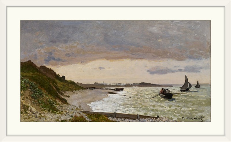«The Seashore at Sainte-Adresse, 1864» par Claude Monet, reproduction d'art, H 24 po x l 38 po x P 1 po, Cadre blanc