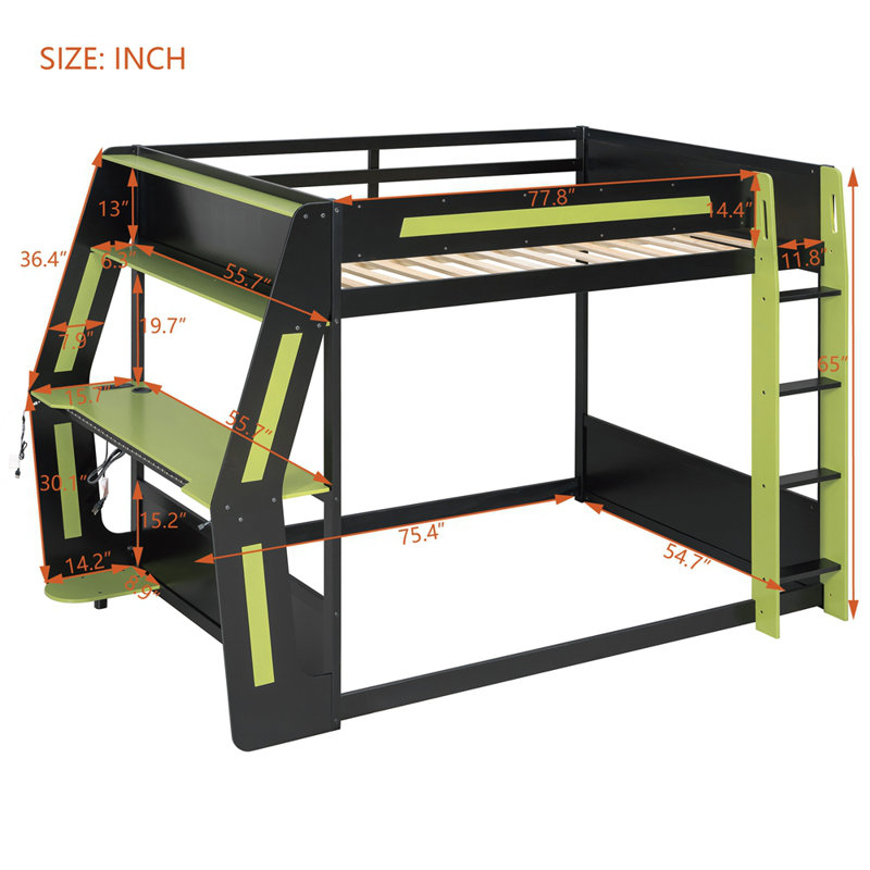 Full-Size Gaming Bunk Bed with Side-Mounted Oversized RGB Desk, USB Charging Ports & Cable Grommet, LED Light Strip, Green