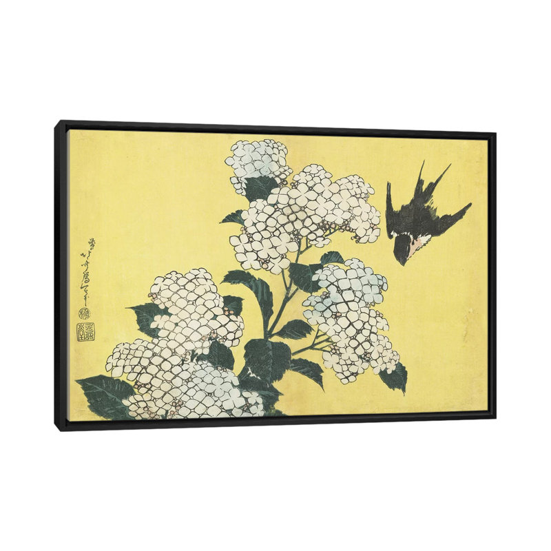 «Hydrangea and Swallow, c.1832» par Katsushika Hokusai, impression sur toile, H 18 po x l 26 po x P 1,5 po, Pas de tapis