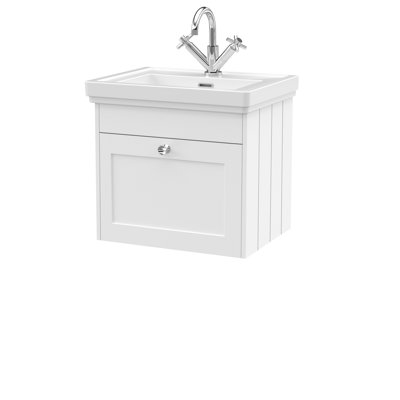Old London Ashwick Satin White 500mm Wall Hung 1-Drawer Unit With Basin 1 Tap Hole