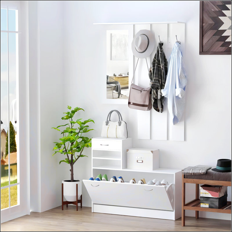 Combination Model Gate Cabinet With Shoe Cabinet+Hang Shelf+ Mirror, Matte White