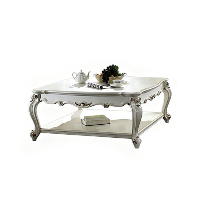 Ornate Vintage Antique Pearl Rectangular Coffee Table, Solid Wood Frame with Storage Shelf and Ornate Carvings