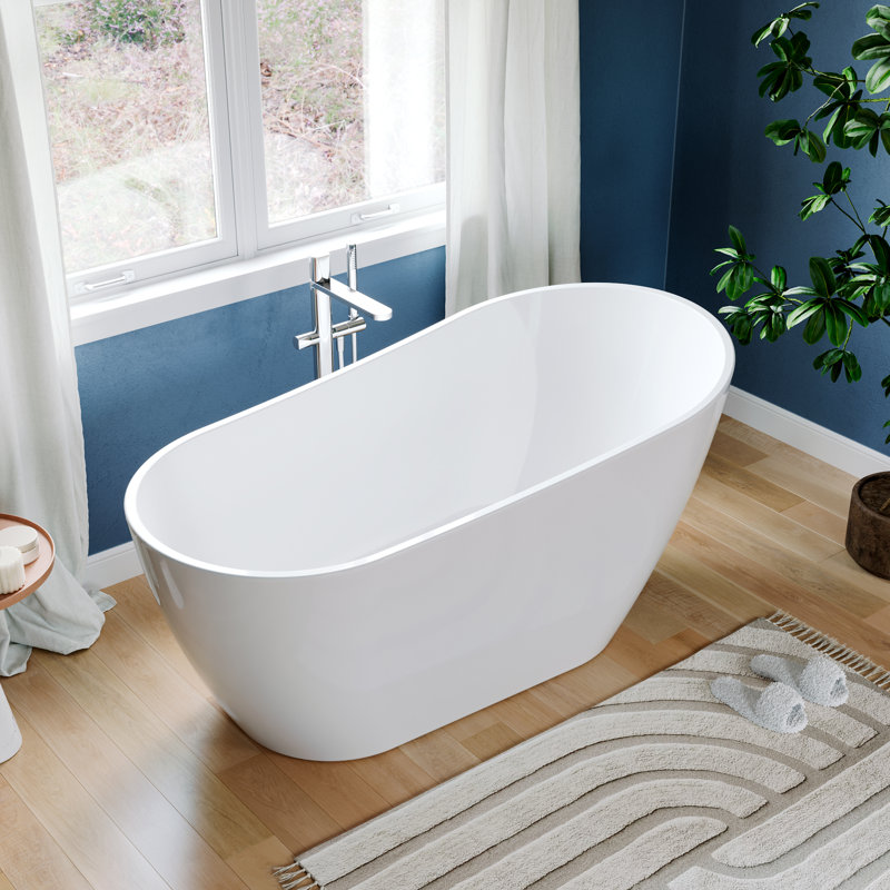 Baignoire autoportante en acrylique moderne - Baignoire de trempage blanche brillante avec bonde pré-percée et trop-plein