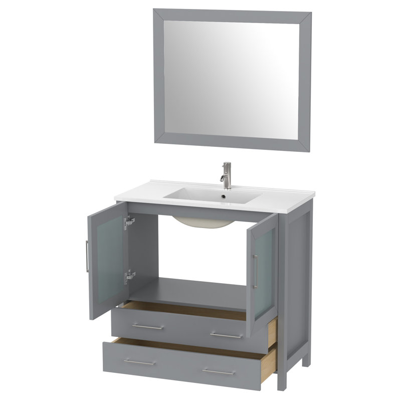 Brescia 36" Single Sink Freestanding Bathroom Vanity with Ceramic Top and Matching Mirror, Gray