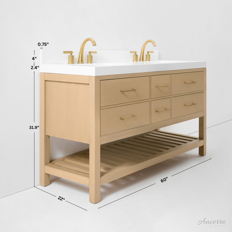 Elizabeth 60'' W Double Vanity, Pure White Quartz, Oak/Rose Gold