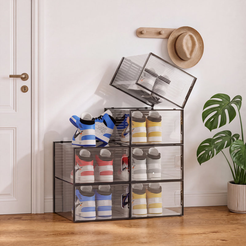 6 Black foldable shoe storage boxes