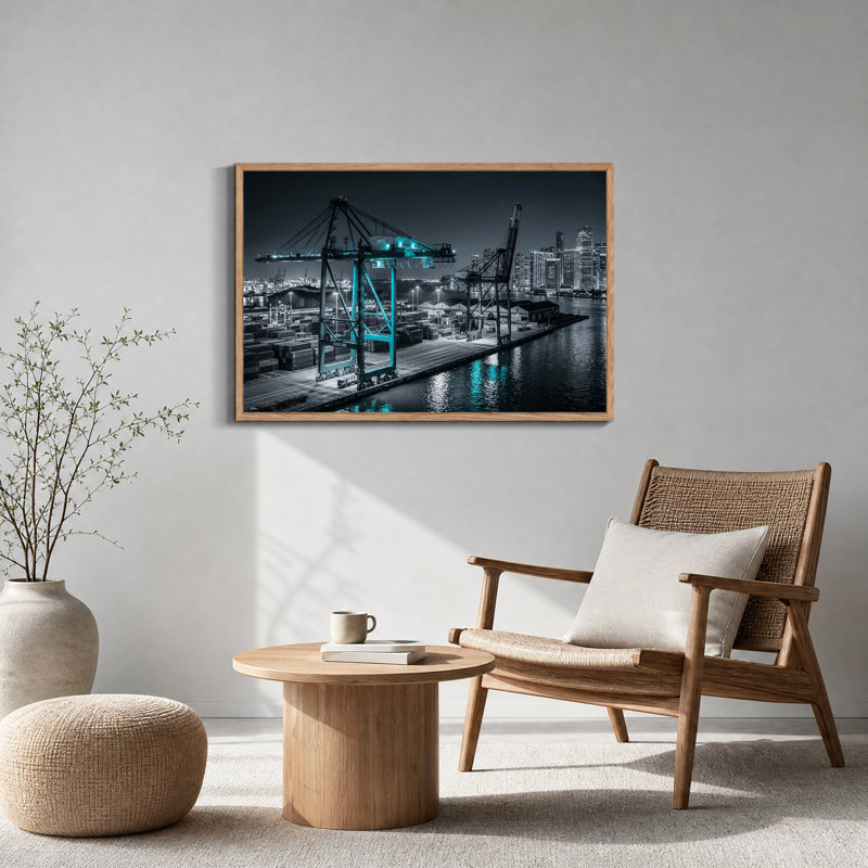 Grues industrielles avec lumières cyan la nuit, tableau sur toile, H 32 po x l 48 po