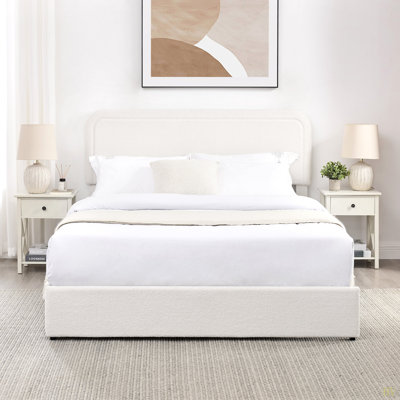 Queen Size Boucle Upholstered Platform Bed With Patented 4 Drawers Storage, Curved Stitched Tufted Headboard, Wooden Slat Mattress Support, No Box Spring Needed