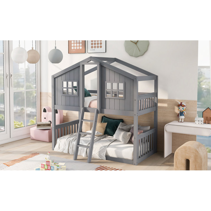 Lit superposé avec échelle House, lit en bois, Gris