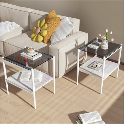Ensemble de 2 tables de bout rectangulaires, plateau de table en verre trempé avec panneau de fibres à densité moyenne, table de salon moderne
