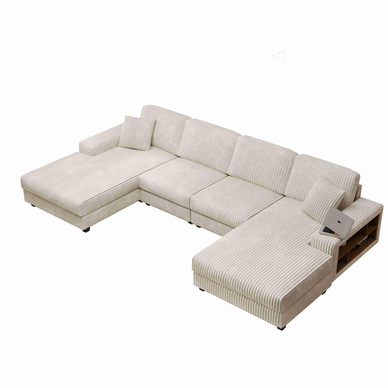 Convertible U-shaped Combination Sofa, Beige Corduroy