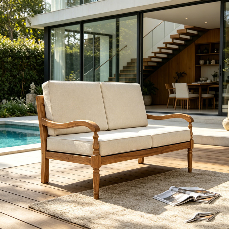 Outdoor Acacia Wood Loveseat with Cushions