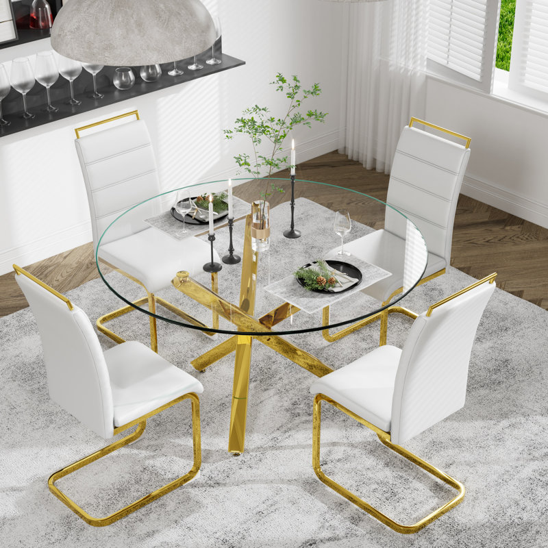 Ensemble de salle à manger 5 pièces, table de salle à manger ronde avec verre trempé et 4 chaises rembourrées, Blanc, Or