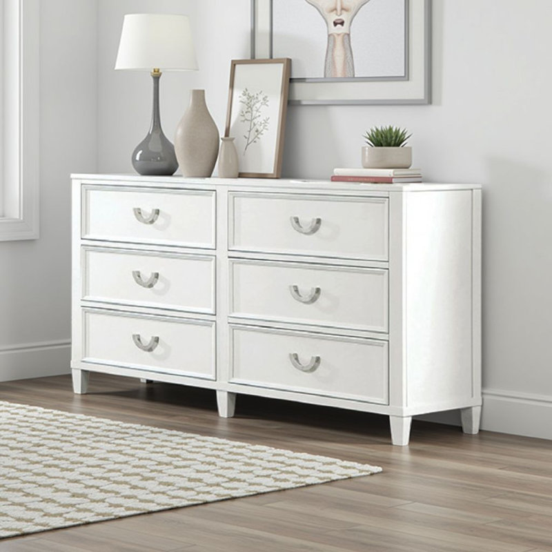 Kiki Wide Dresser With 6 Drawers, Bracket Feet, White Solid Wood