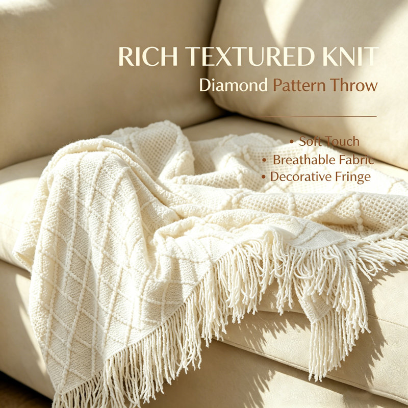 Acrylic Tassel Throw Blanket., White, 152 x 203cm