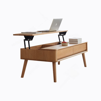 Elevating Center Table Low Table 100% Solid Oak Wood Top Plate Desk Coffee Table Width 120 X Depth 65 X Height 45 Cm Study Desk Work From Home Easy To Assemble Natural Color Wood With Storage Shelf
