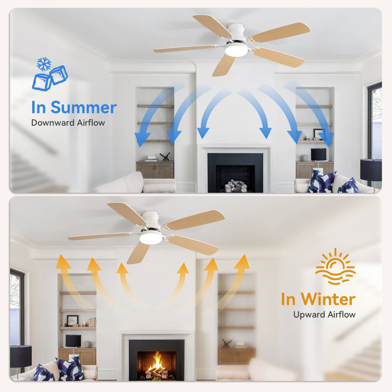Derick 5-Blade Modern Ceiling Fan with LED Light and Remote Control, White, 52"