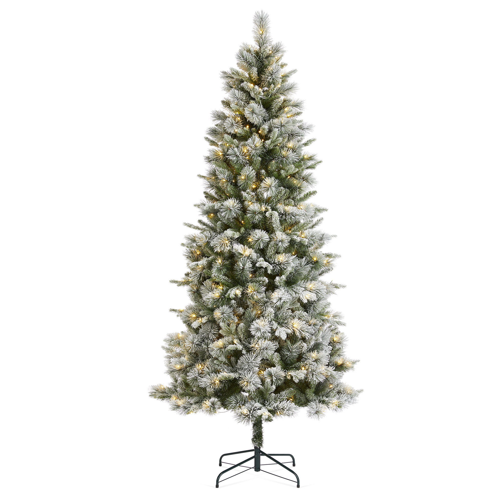 Whispering Snowy Pine Pre-Lit Flocked Slim Pine Artificial Christmas Tree with Lights, 7.5'