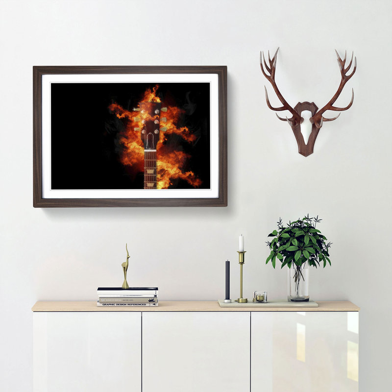Guitar on Fire in Abstract - Picture Frame Painting Print, 36cm H x 48cm W x 2cm D, Walnut Framed