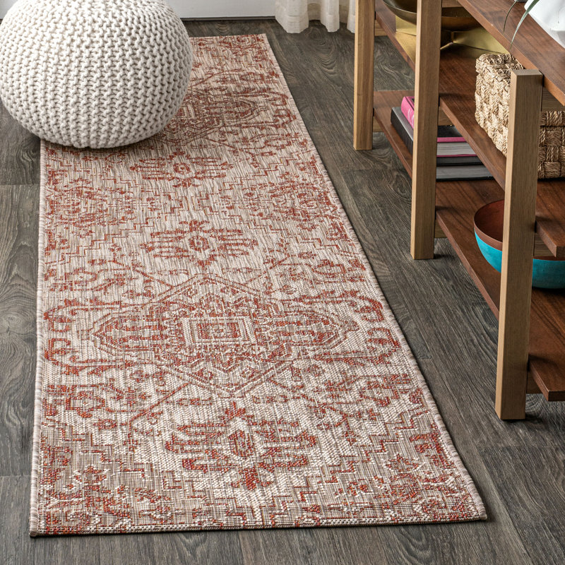 Truman Bohemian Medallion Textured Weave Red/Taupe Indoor/Outdoor Rug, Runner 2'2" x 10'
