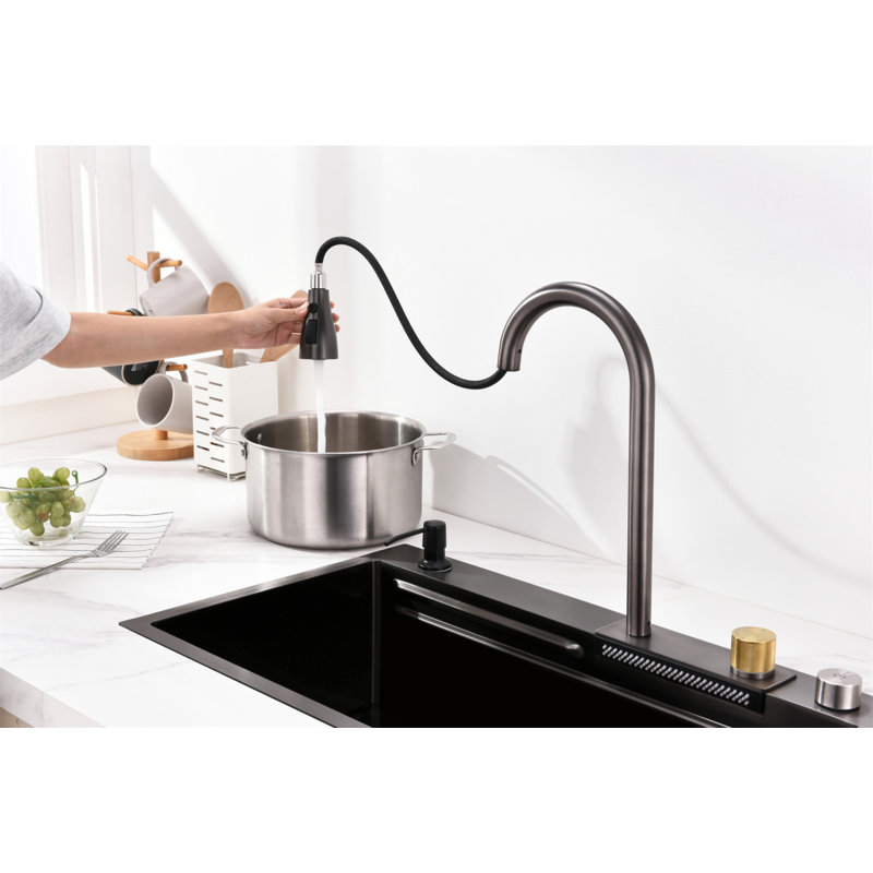 Évier de cuisine en cascade, cuve simple en acier inoxydable noire, poste de travail multifonctionnel avec robinet de pluie et planche à découper, évier simple en acier inoxydable 30 po x 18 po, LS-SSBL05