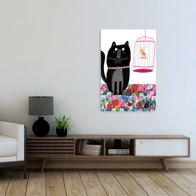 Curious Cat Watches Bird Colorful Playful Whimsical Bird Cat Flower Nature Wall Art Print by Carla Daly - Wrapped Canvas Print