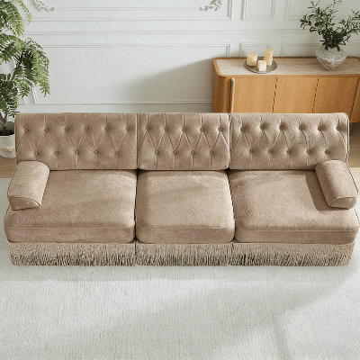 Canapé 3 places en velours avec dossier touffeté et jupe à franges de frange de sol - Design ergonomique, cadre en bois, canapé de salon rembourré pour animaux de compagnie