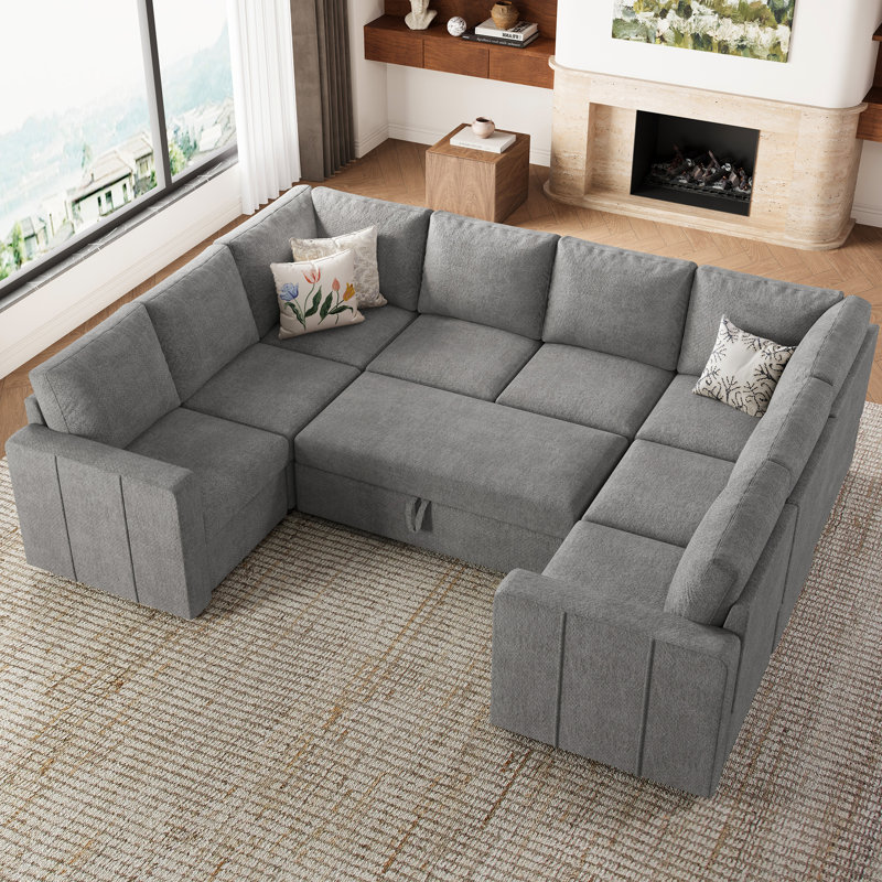 Seybert Large U Shaped Modular Sectional Sofa Pull Out Sofa Bed Sleeper Convertible Corner Sofa, Light Gray Chenille