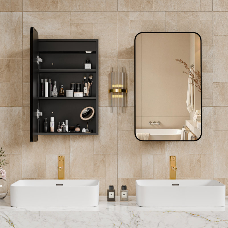 Recessed & Surface Mount Framed Medicine Cabinet with Mirror, Modern Bathroom Wall Cabinet with Adjustable Shelves in Black
