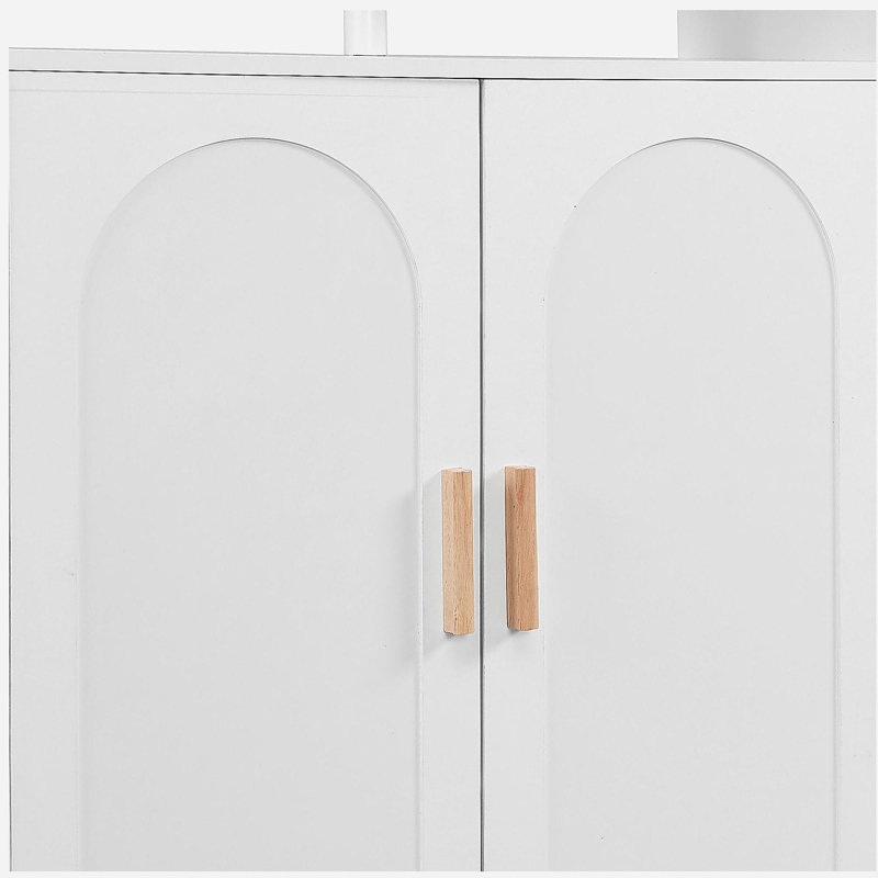 Range-chaussures avec portes arquées et tiroir, buffet de rangement avec tablettes réglables et pieds en bois massif, Blanc