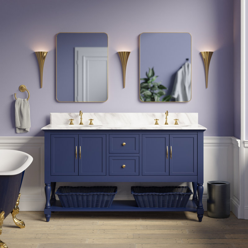 Hampton 60'' Double Bathroom Vanity with Top, Carrara Marble, Royal Blue