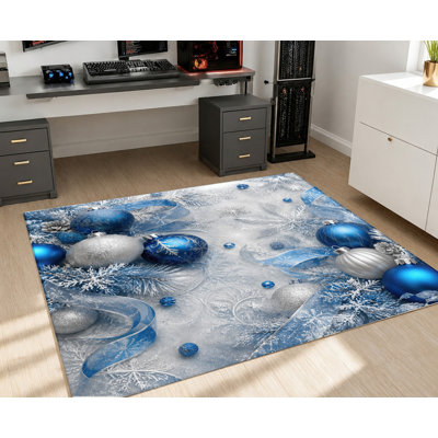 Tapis de Noël lavable à la machine avec envers antidérapant, motif de flocons de neige bleus et argentés, décoration intérieure chaleureuse pour salon, chambre, entrée, cuisine, balcon, appartement