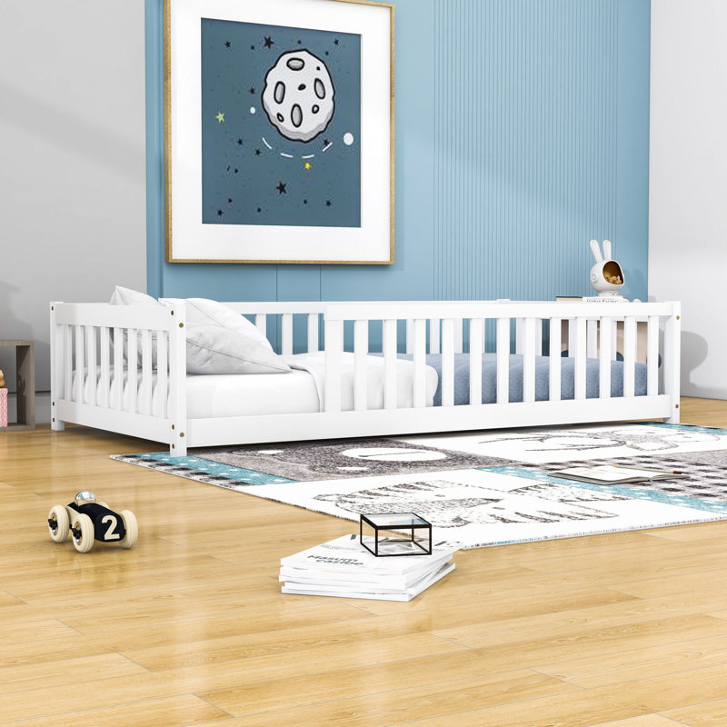 Twin Wood Floor Bed With Fence And Slats, White