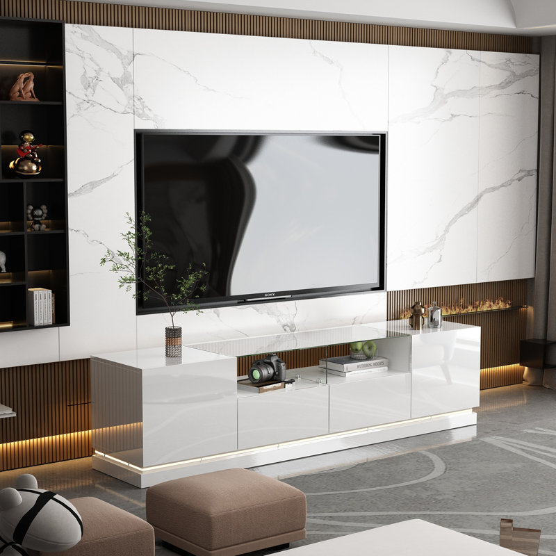 Modern LED TV Stand with Glass Shelf & Storage - 66.9"