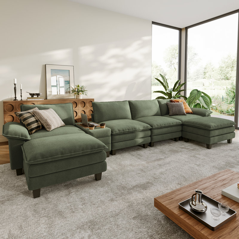 Colbey 172" Upholstered U-shape Modular Cloud Corner Sectional with Storage Console Table & 2 Ottomans, Lena Green Corduroy