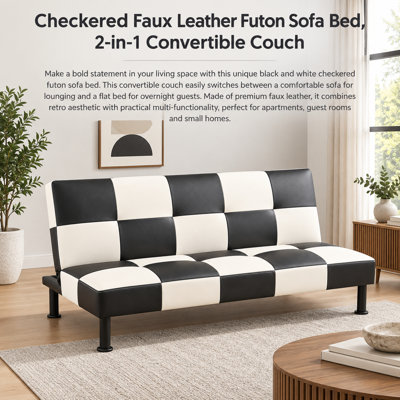 Canapé-lit futon moderne en similicuir à motif damier, convertible et pliable, idéal pour un appartement et une chambre d'amis.