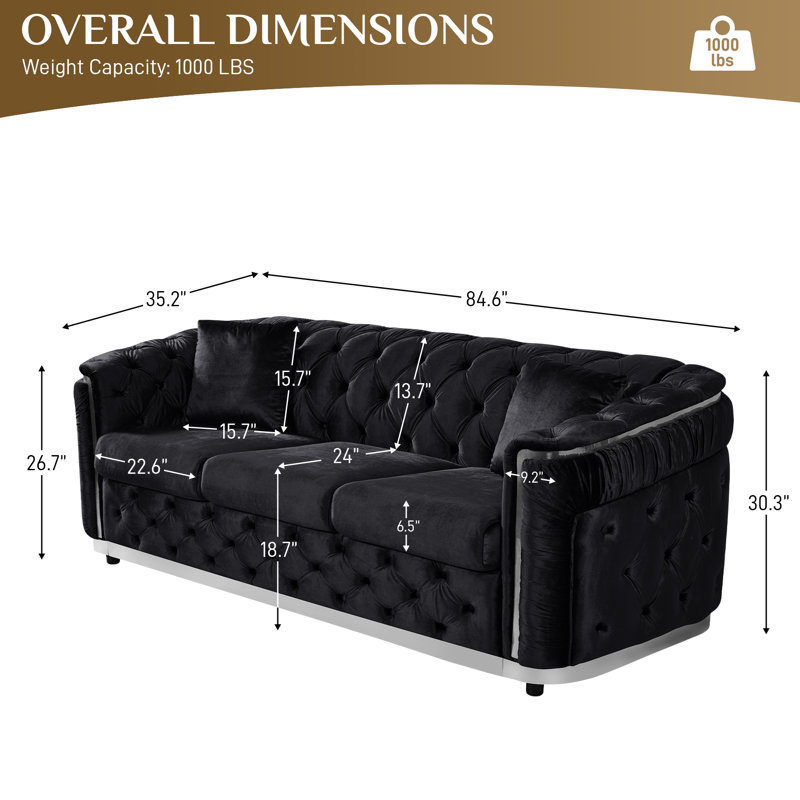  Canapé 85 po en velours Chesterfield, Noir / argenté