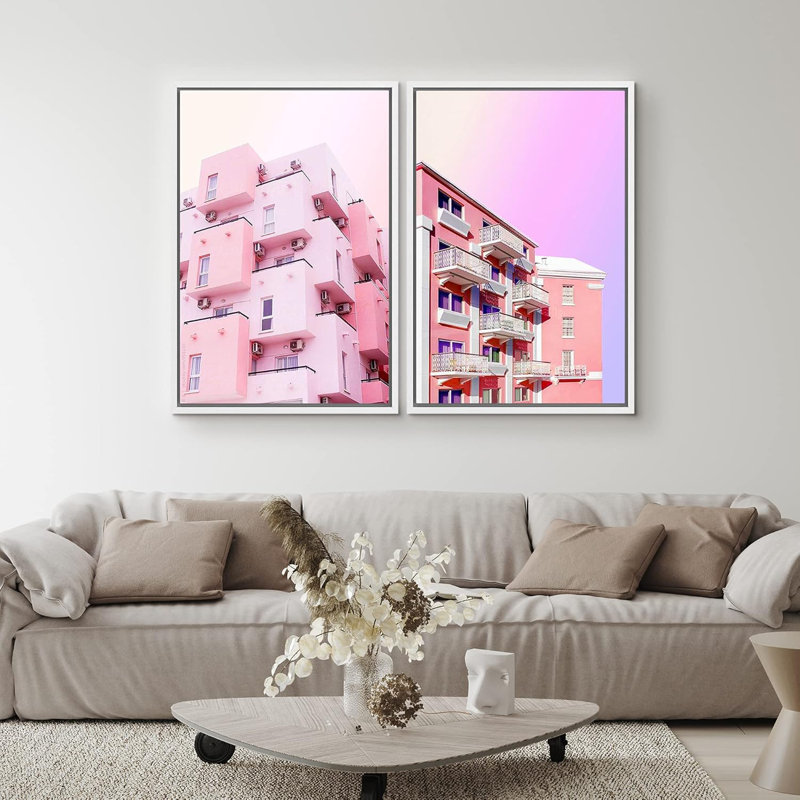 Duo d'apparence rose avec architecture et cartes, villes, Pop Art, Glam, panoramique, amusement, multicolore, ultra