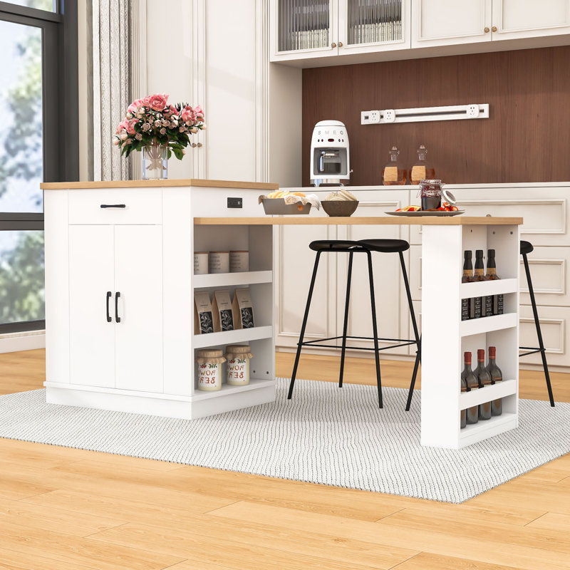Îlot de cuisine extensible avec tiroirs de rangement, armoire à deux portes, tablettes ouvertes et bar pour le petit-déjeuner