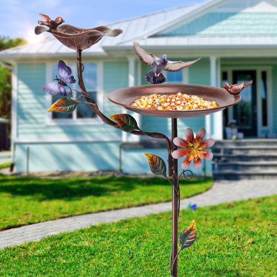 Bain d'oiseaux et mangeoire pour oiseaux, jardin en métal antique, 53 po de hauteur, cuivre