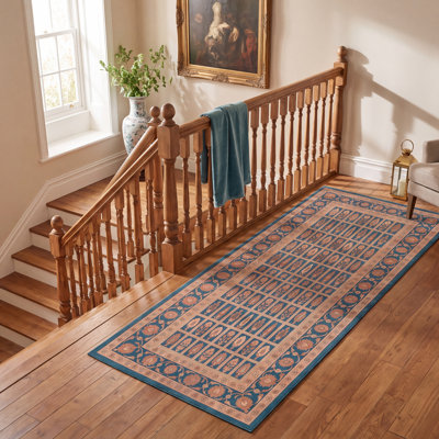 Tapis Waverly traditionnel audacieux de style persan, bleu sarcelle, or et crème, lavable en machine, antidérapant, à poils courts, pour l'intérieur et l'extérieur, adapté aux animaux domestiques, idéal pour le salon, la chambre, la salle à manger, l'entrée, le couloir ou le bureau.