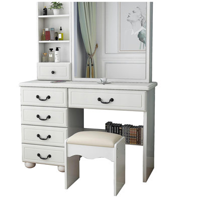 Fashion Vanity Desk with Mirror and Lights for Makeup, Vanity Mirror with Lights and Table Set with 3 Color Lighting Brightness Adjustable, 6 Drawers,